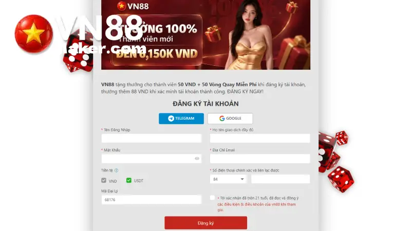 Đăng Ký VN88 Cho Thành Viên Mới Nhận Tối Đa 150K Điền các thông tin chính chủ khi đăng ký tài khoản VN88