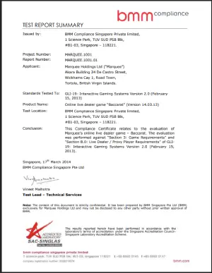 Chứng nhận BMM Compliance Live Baccarat - Marquee Holdings Ltd
