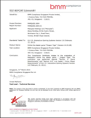 Chứng nhận BMM Compliance Live Dragon Tiger - Marquee Holdings Ltd