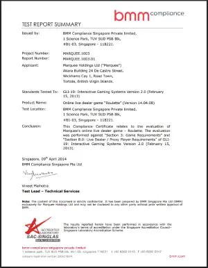 Chứng nhận BMM Compliance Live Roulette - Marquee Holdings Ltd