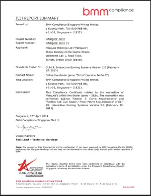 Chứng nhận BMM Compliance Live Sicbo - Marquee Holdings Ltd